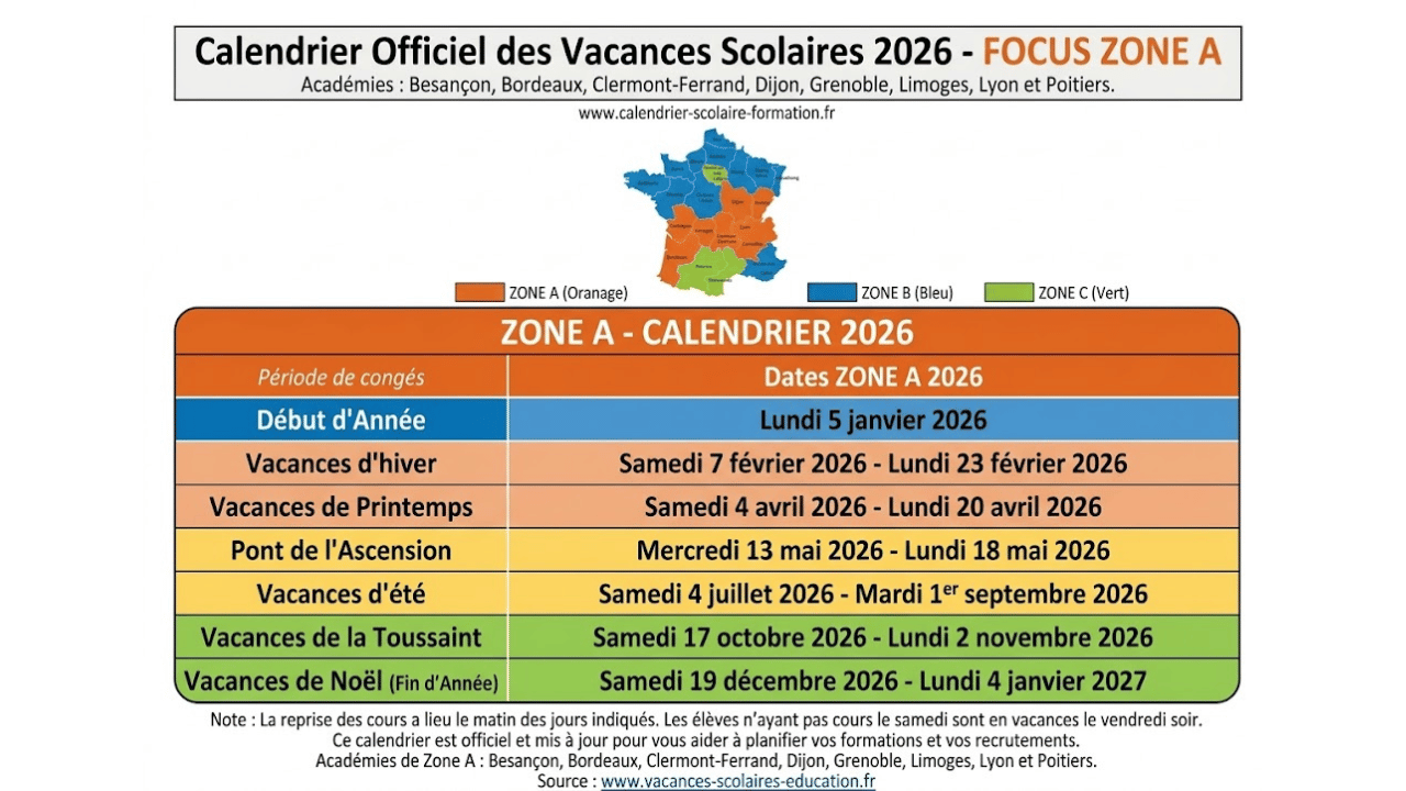 Vacances scolaires 2026 zone A
